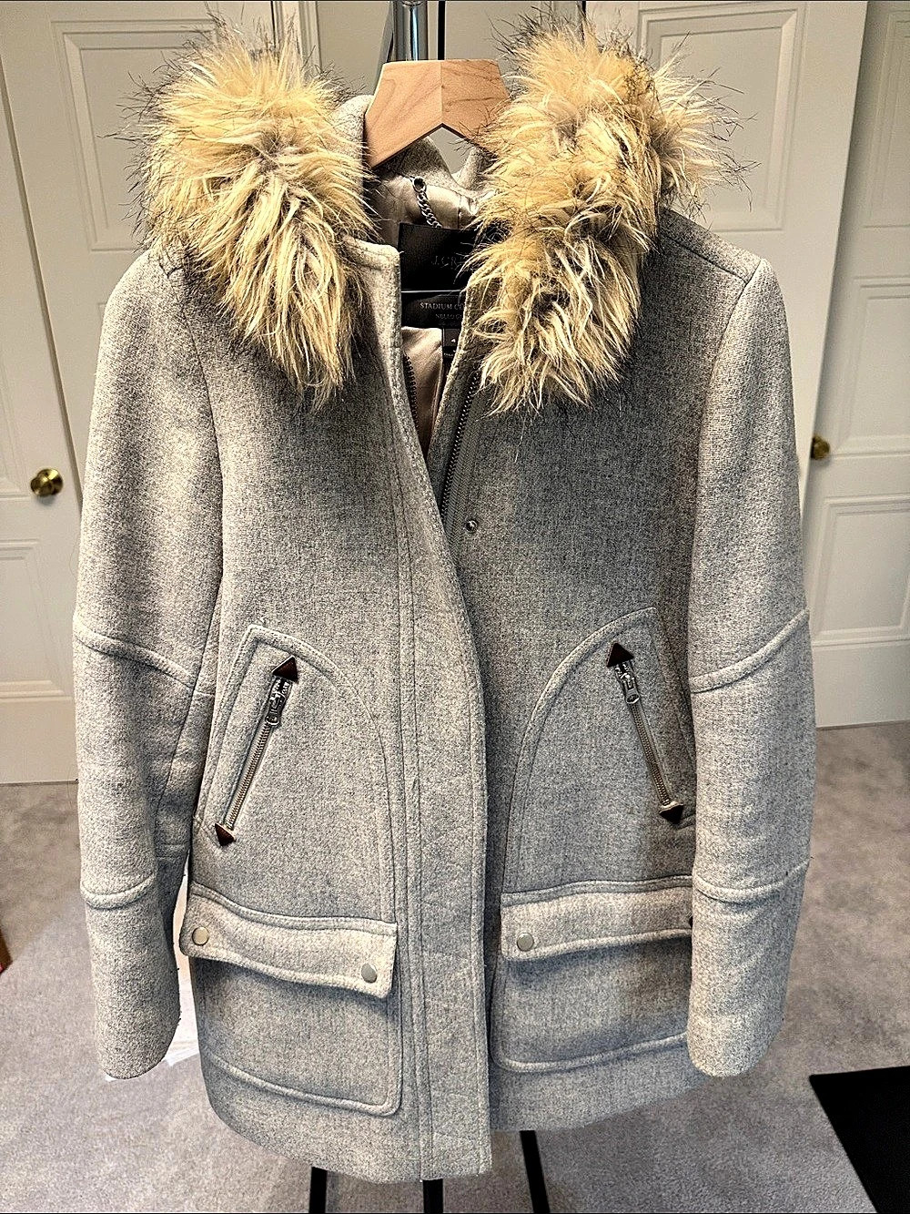 J.Crew Stadium Cloth Wool Fur-Collar Coat Size 4